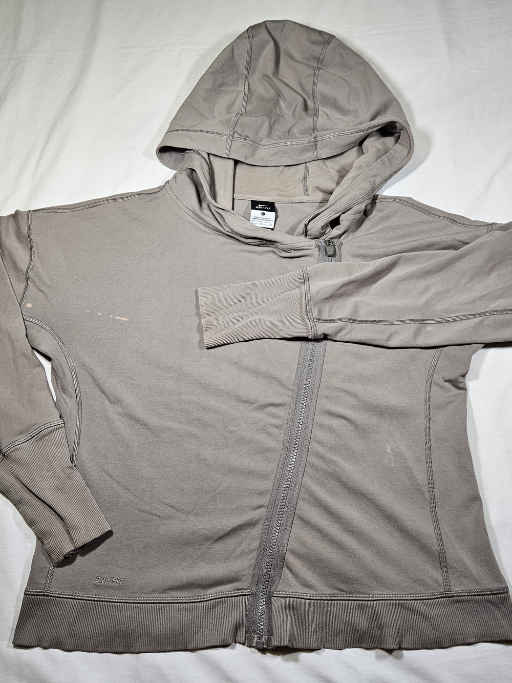 Nike Drifit Asymmetric Zip Hoodie Womens Large Gray Taupe Diagonal Moto Jacket